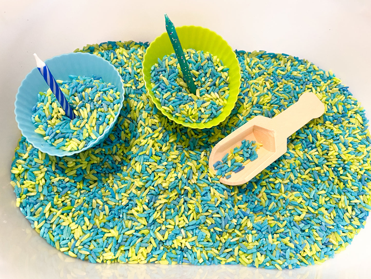 Birthday Cake Coloured Sensory Rice for Play