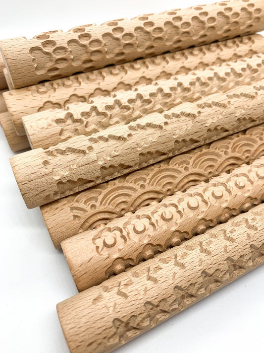 Patterned Wooden Rollers - Wooden Playdough Tools - Playdough and Sand Roller - Wooden Rolling Pin