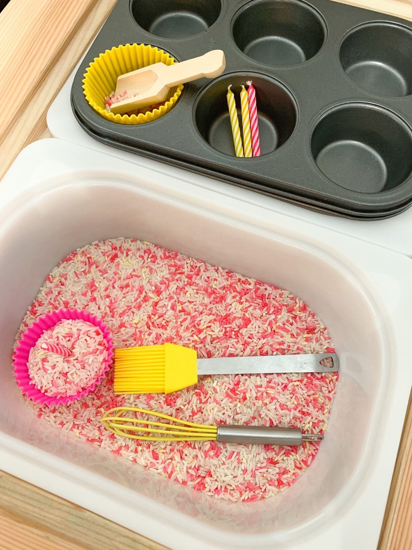 Birthday Cake Coloured Sensory Rice for Play