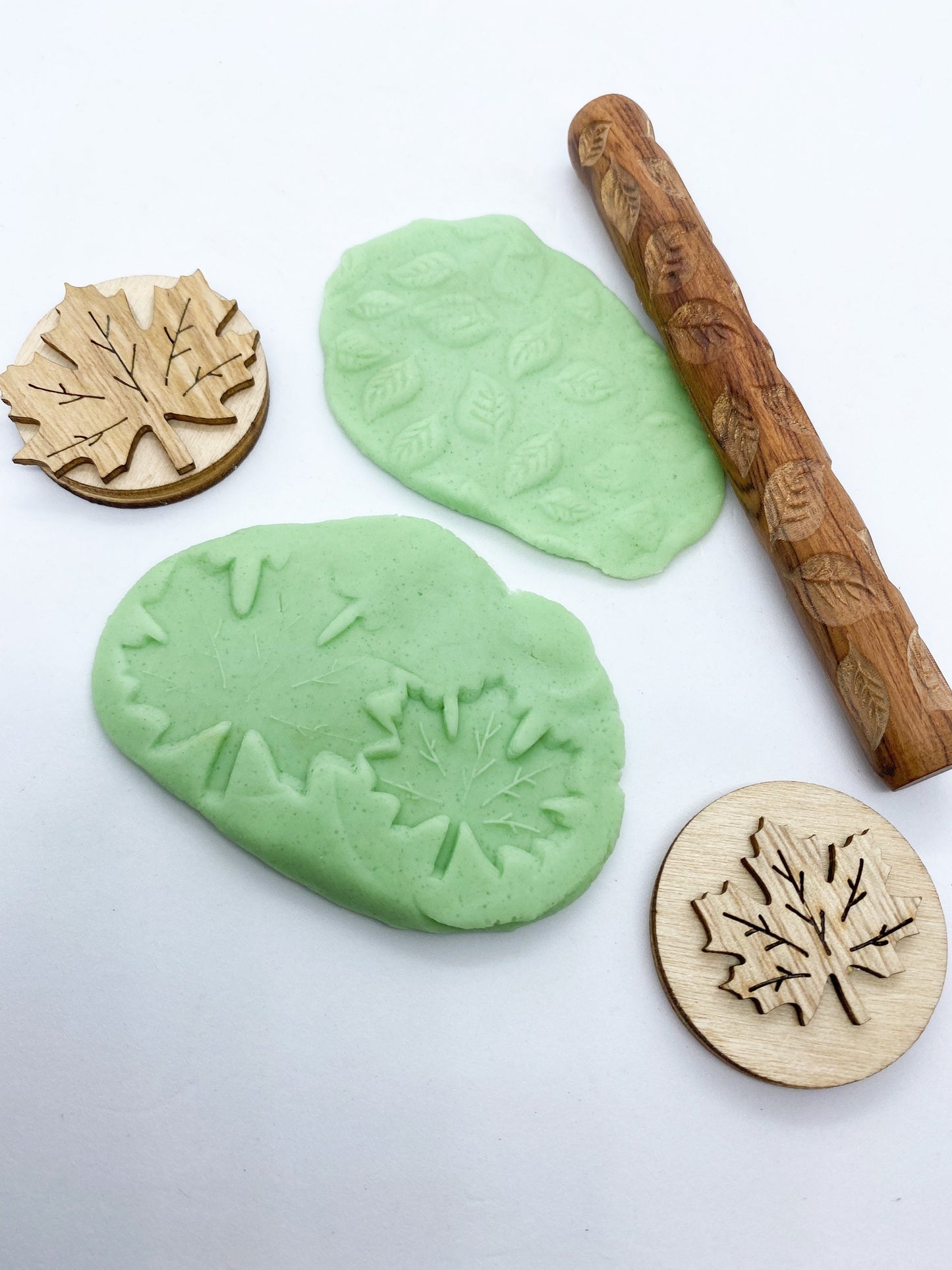 Leaf Patterned Wooden Roller - Playdough Tools - Wooden Leaf Set