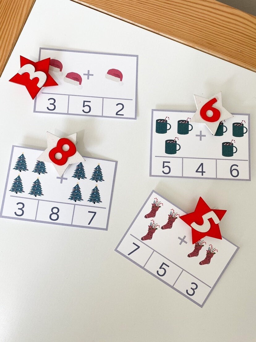 Christmas Addition Counting Cards - Christmas Math Cards - Christmas Count and Clip Cards