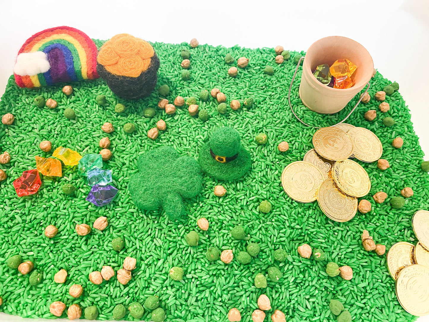 St. Patrick’s Day Sensory Kit - Rice Sensory Kit - Rainbow Pot of Gold Rice Play -  Leprechaun