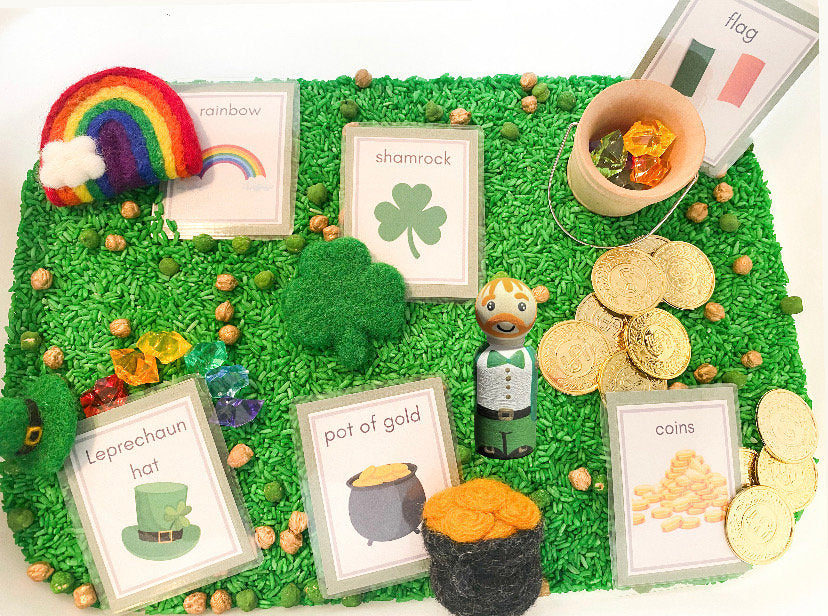 St. Patrick’s Day Sensory Kit - Rice Sensory Kit - Rainbow Pot of Gold Rice Play -  Leprechaun