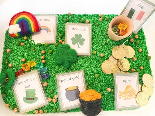 St. Patrick’s Day Sensory Kit - Rice Sensory Kit - Rainbow Pot of Gold Rice Play -  Leprechaun